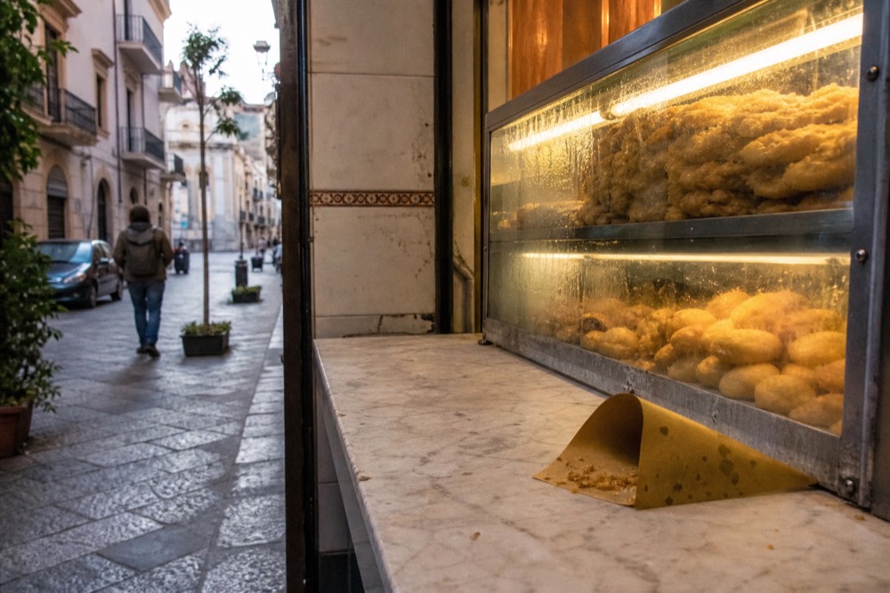 A small friggitoria counter with fried snacks displayed in a glass case