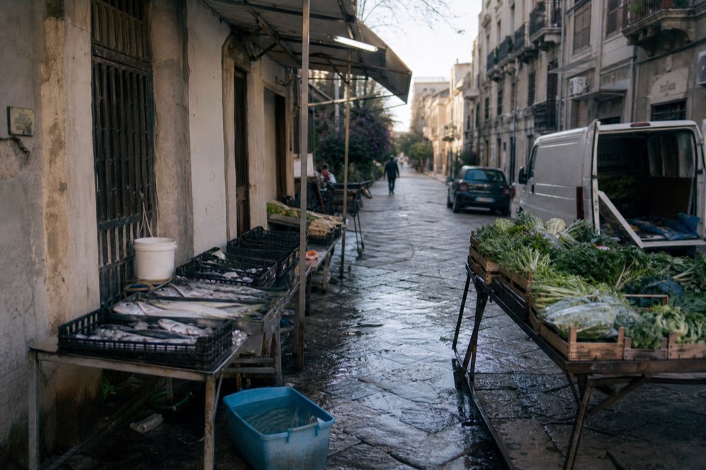 Fish and produce stalls on a Palermo street in early morning light