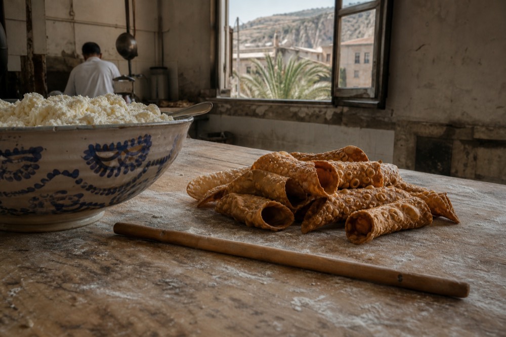 Cannolo shells and a bowl of fresh sheep's milk ricotta on a wooden worktable in a Sicilian pastry kitchen