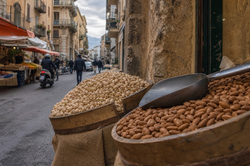 Bins of pistachios and almonds at a Sicilian shop counter