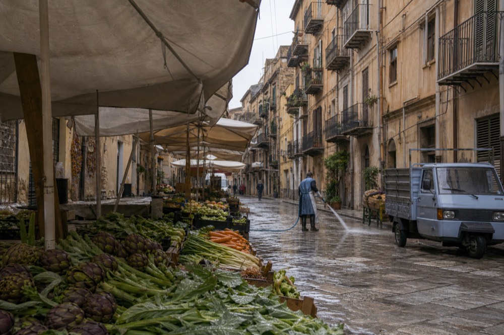 A Palermo market street lined with produce stalls under awnings