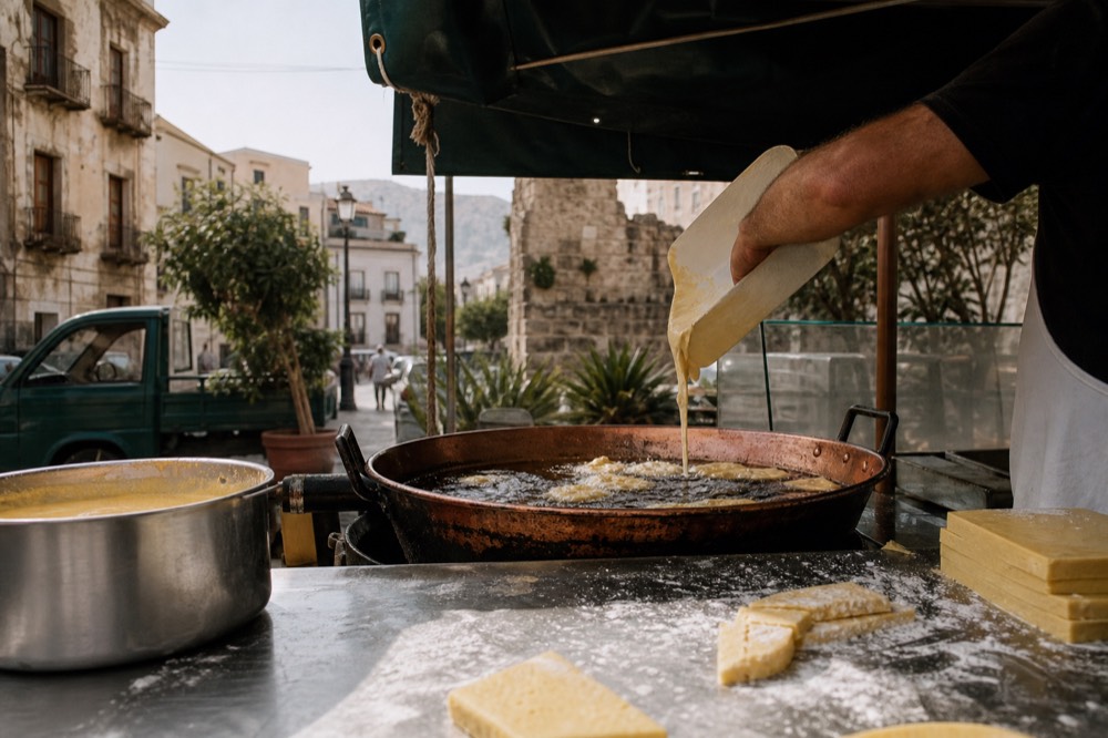 A vendor frying panelle at a Palermo street food stall