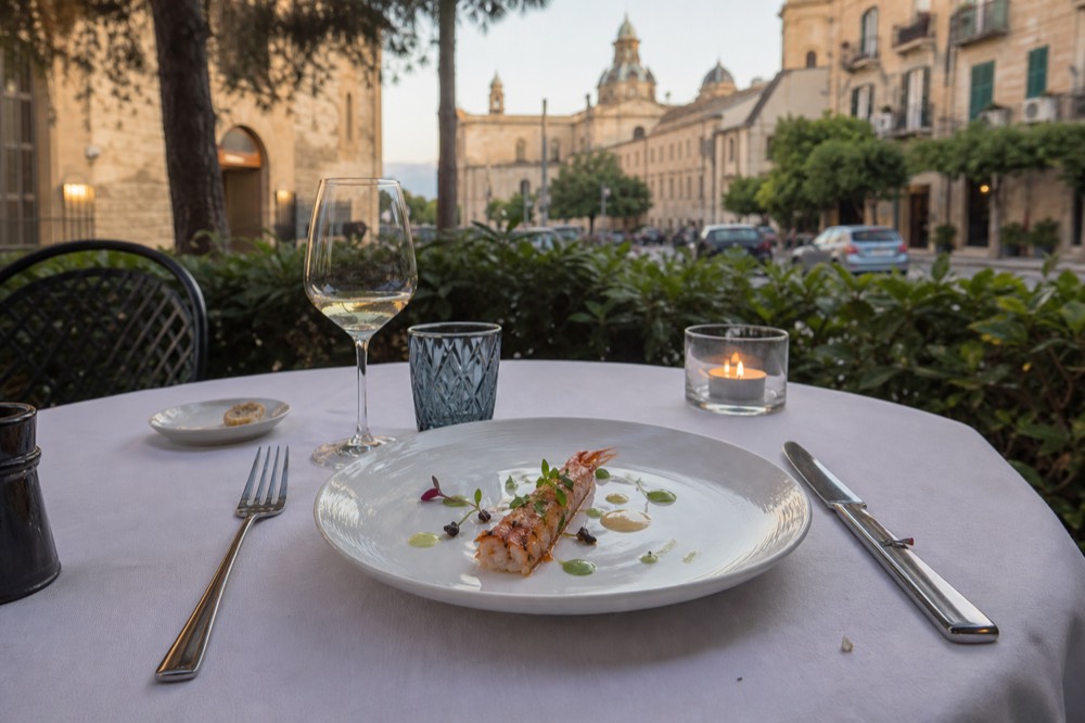 An elegantly plated seafood course on a white tablecloth with polished cutlery