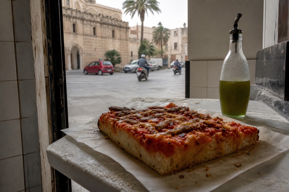 A Sicilian pizza with a bottle of olive oil on a marble restaurant table