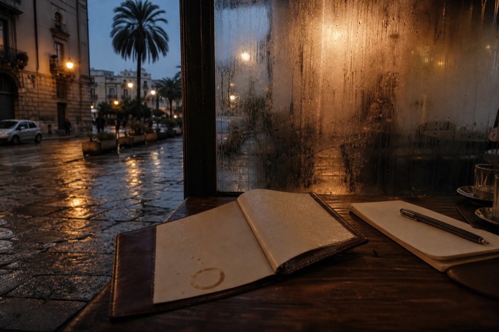 A restaurant menu, notebook and pen resting on a wooden table