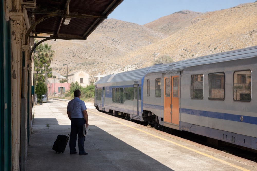 A regional train at a small Sicilian station with hills behind it
