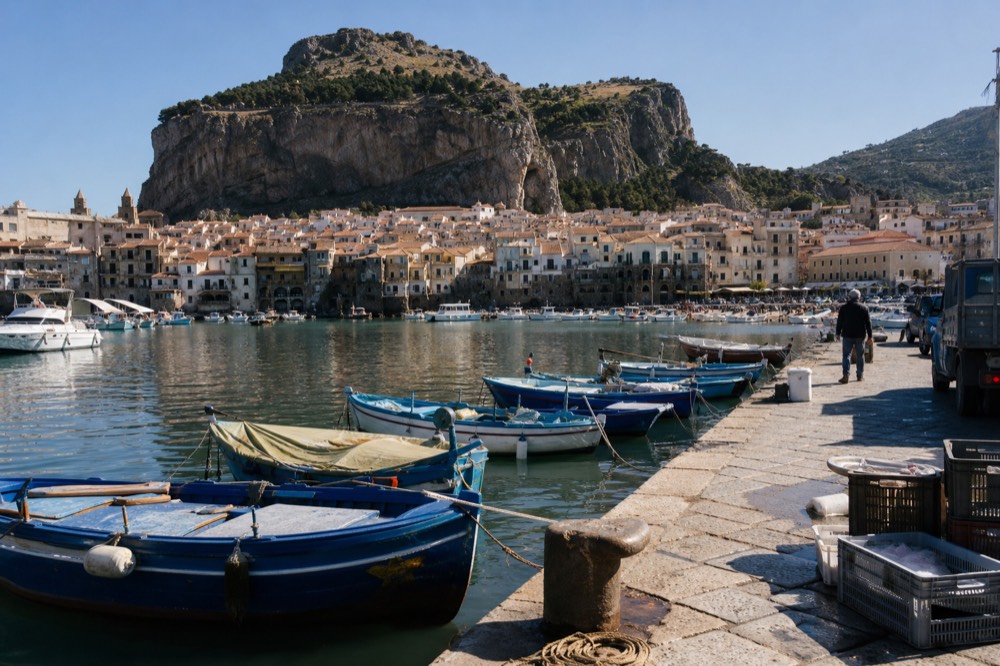 A small harbour with fishing boats moored against a rocky headland