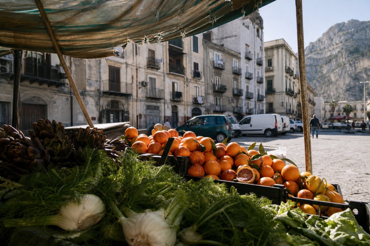 A market stall in Palermo piled with vegetables and citrus.